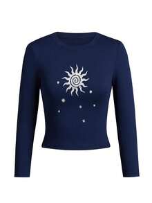 Y2K Women's Autumn/Winter New 1pc Petite Personalized Sun Print Pattern Casual Versatile Street Slim Fit Flattering Long Sleeve T-Shirt Top - Dark Blue - View 6