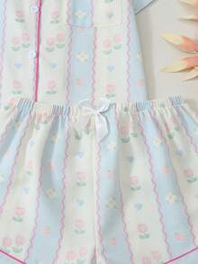 Floral & Heart Print Short Sleeve & Shorts Women's Pajama Set - Blue - View 6