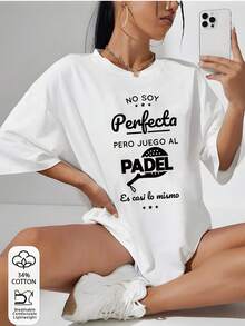Loose Fit Women Casual T‑Shirt, Funny Padel Racket Spanish Text Graphic Tee, Short Sleeve Basic Top, Summer Daily Ladies Everyday Outfit - White - View 3