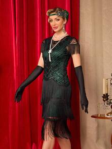 女款亮片流蘇 Flapper 舞女洋裝，1920年代風格雞尾酒洋裝，咆哮20年代哈林之夜風格，適合婚禮派對秋季穿著 - 綠色 - 查看 5