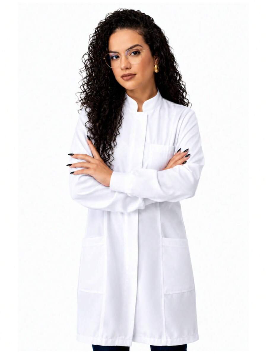 Jaleco Feminino Gabardine Branco, Botão Embutido, Gola Padre, Elástico Punho, Acinturado, Manga Longa - Gabardine
