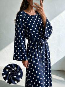 1pc Women's Polka Dot Dress, Wide Sleeves, Self-Tie Waist, Flowy French Style, Casual Commute Dress - Multicolor - View 41