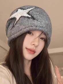 1pc Korean Style Versatile Loose Knit Beanie For Women, Vintage Face-Flattering Knit Skull Cap, Large Size Warm Elastic Winter Knitted Hat - Multicolor - View 9