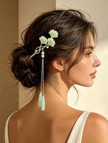 1pc Light Green Ginkgo Jade Slice Tassel Hair Stick, Women's Gentle Draping Chain Hair Pin For Vacation And Daily Updo - Multicolor - View 6