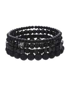 RINTOLER 4pcs/set Vintage Unusual Matte Lava Rock & Wooden Beads With Spacer Elastic Bracelet - ZJ10491 - View 6