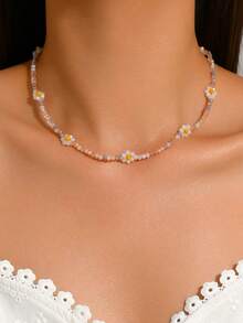 1pc Glass Crystal Woven Flower Necklace, Sweet Style, Suitable For Daily Wear - Purple-pink - View 1