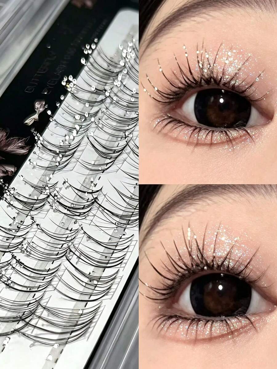 1 Box Fine Glitter Starry Sky Rhinestone Effect Cool Fox Style False Eyelashes, Suitable For Cosplay, Photography, Christmas And Natural Makeup (Random Back Card) - View 1
