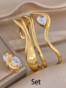 Set/1 Pieza Conjunto de Joyas con Brazalete y Anillo de Línea Asimétrica de Circonita y Acero Inoxidable, Para Mujeres, Fiesta, Diario, Navidad, Regalos de Boda de San Valentín/Y2K - Multicolor - Ver 9