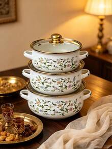 3pcs Multi-Functional Enamel Pot Set, Soup Pot, Stew Pot, Tableware, Multi-Purpose, Easy To Clean Non-Stick, Compatible With Gas, Open Flame, Induction Cooktop, Floral Design Thickened High-Temperature Stew Pot, Cooking Pot, Available In 16cm/18cm/20cm Capacity, Perfect For Halloween Home And Restaurant Use, Outdoor Camping Party Cookware, Suitable For Christmas, All Seasons Home Picnic, Travel And Portable Use - View 3