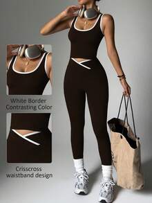 Women's High Waist Yoga Fitness Set - Contrast Color Sports Top And Leggings, Stretchy Polyester Blend Fabric, Suitable For Running And Workout - Brown - View 2