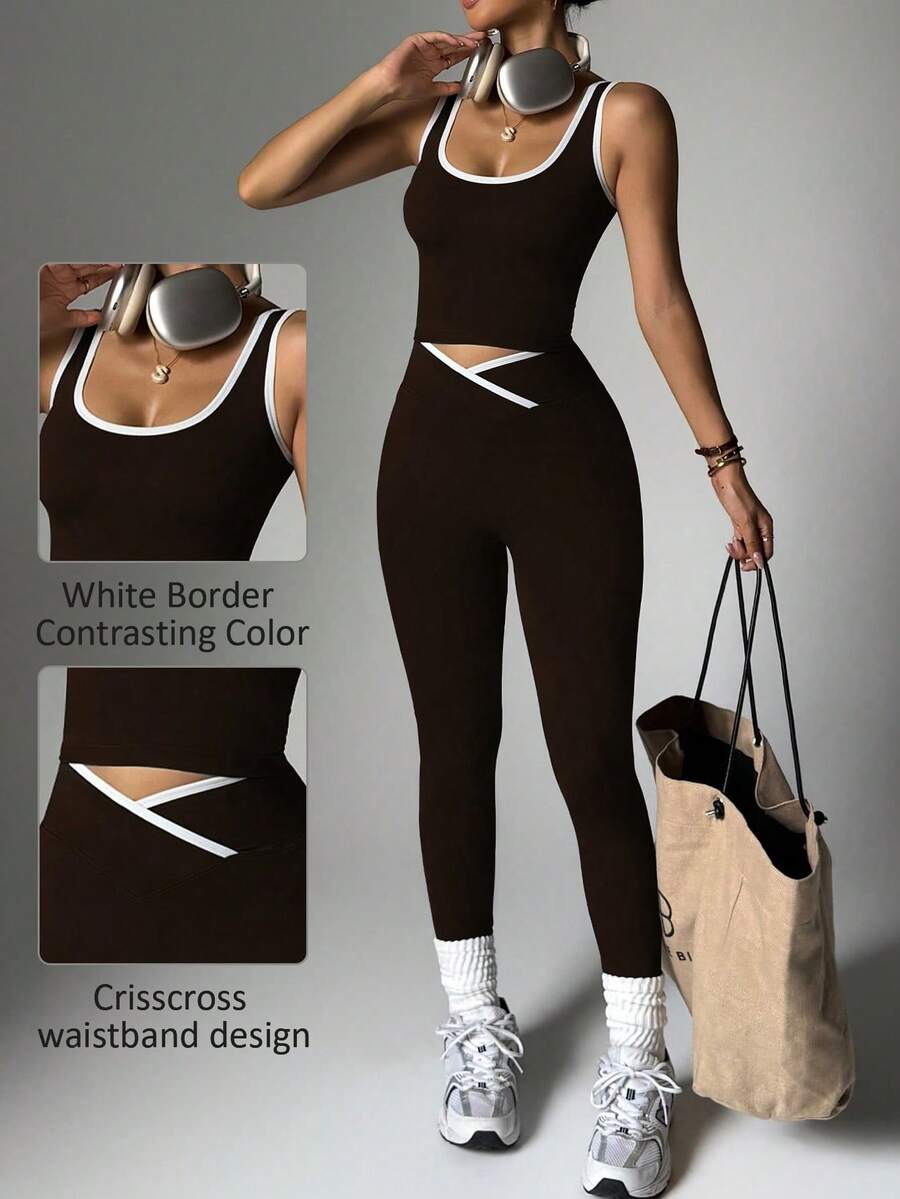 Women's High Waist Yoga Fitness Set - Contrast Color Sports Top And Leggings, Stretchy Polyester Blend Fabric, Suitable For Running And Workout