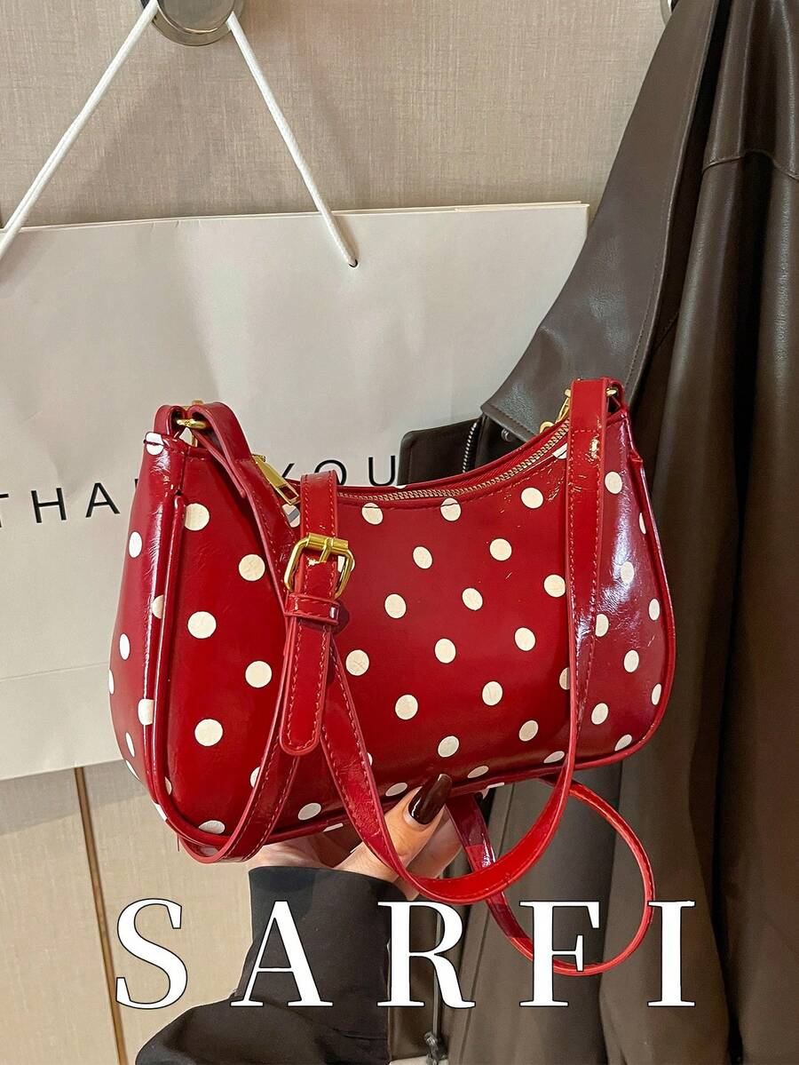 1 Solid Color Polka Dot Zipper Closure Women's Bag, Fashionable And Simple Multifunctional PU Material Women's Crossbody Bag - Red - View 1