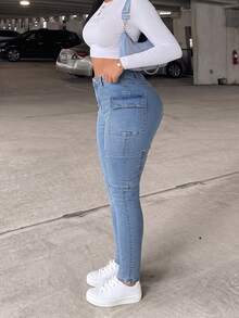 Quần jeans làm từ vải denim co giãn vừa, thiết kế phong cách xanh đơn giản thời trang, cài cúc, phù hợp mặc hàng ngày, vừa đơn giản vừa thanh lịch - Rửa nhẹ - Xem 3