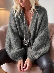 Women's Solid Color Open Front Long Sleeve Soft Comfortable Minimalist Casual Versatile Mid-Length Knit Cardigan, Street Slouchy - Dark Grey - View 6