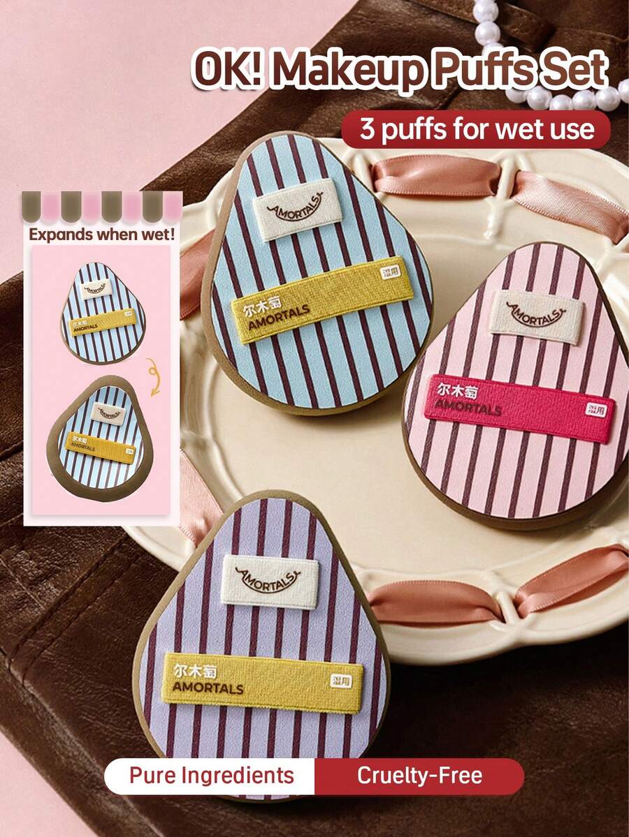 Amortals 3pcs Water-Activated Pear-Shaped Makeup Sponge Set, 11.5mm Thick Hydrophilic Sponge, Expands 1.2-1.5 Times When Wet, Dual Elastic Band Design, Suitable For Liquid Foundation, Creates Flawless Seamless Base, Popular Wet-Use Makeup Sponge, Suitable For Beginners