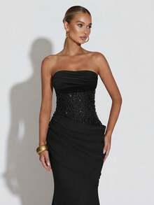 Women's Strapless Shiny Elegant Waist-Cinching Ball Gown Dress - Black - View 4