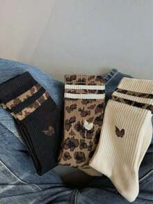 1/3/6/20/30 Pairs Women's Leopard Print Striped Mid-Calf Socks, Fashionable Classic Comfortable Soft Breathable, Versatile For Daily Wear, Suitable For All Seasons - Multicolor - View 5