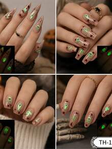 2pcs Halloween Glow-In-The-Dark Nail Stickers, Ghost & Spider Self-Adhesive Nail Decals, Easy To Apply, Suitable For Women's Holiday Party And Halloween DIY Nail Art - White - View 2