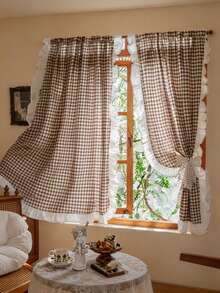 1 buah Tirai Berenda Motif Kotak-kotak Putih Gaya Pedesaan Prancis, Tipis Namun Tidak Transparan, Cocok Untuk Jendela Kecil Dapur, Kamar Tamu B&B, Jendela Teluk Kamar Tidur, Ruang Makan, Kafe, Dekorasi Serbaguna - Coklat - View 1
