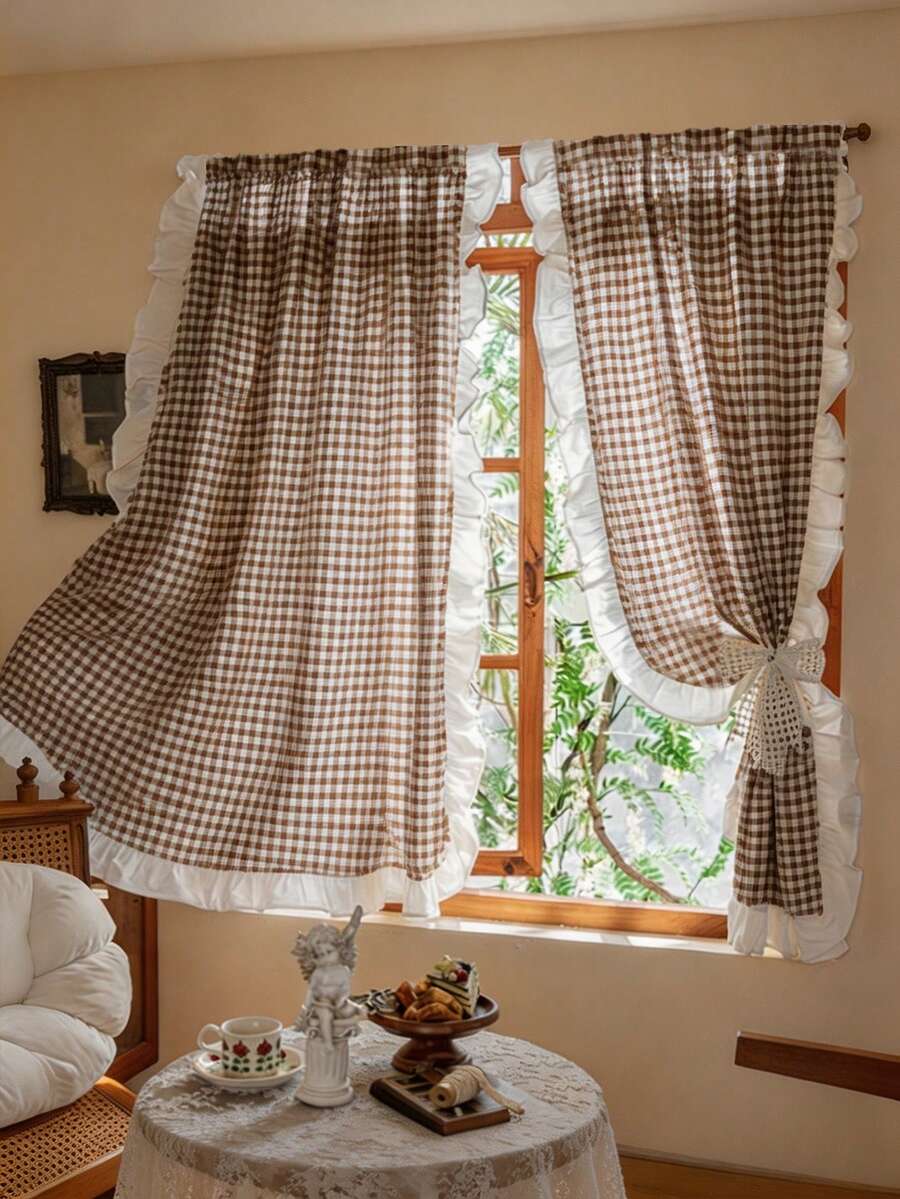 1 buah Tirai Berenda Motif Kotak-kotak Putih Gaya Pedesaan Prancis, Tipis Namun Tidak Transparan, Cocok Untuk Jendela Kecil Dapur, Kamar Tamu B&B, Jendela Teluk Kamar Tidur, Ruang Makan, Kafe, Dekorasi Serbaguna - Coklat - View 1