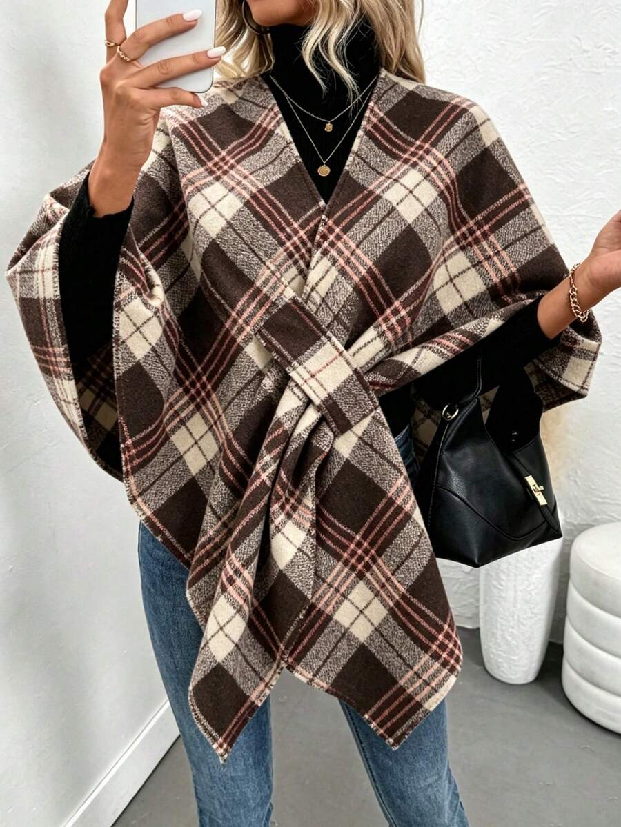 Chic Women's V-Neck Short Cape Coat, Brown Plaid Pattern, Asymmetrical Hem For Fall And Winter - Mixed Colors - View 1