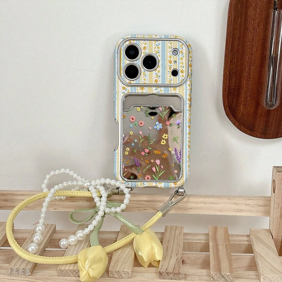 Floral Card Holder Phone Case With Mirror Card Slot, Shockproof Protective Cover, Pearl Flower Lanyard, Suitable For Party, Birthday, Picnic, Compatible With IPhone 17/17Pro/17ProMax/16/16Pro/16Plus/16ProMax/15/15Pro/15ProMax/14/14Pro/14ProMax/13/13Pro/13ProMax - Multicolor - View 1