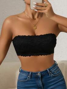 1pc Women's Solid Color Non-Wired Lace Trim Bandeau Bra, Removable Padded With Detachable Transparent Shoulder Straps - Black - View 4