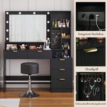 Devoko Modern Vanity Table With Mirror, LED Lighting With 3 Color Modes, 5 Drawers, Open Shelves, Jewelry Hooks And Integrated Power Outlet, Dressing Table For Bedroom, Black - View 3