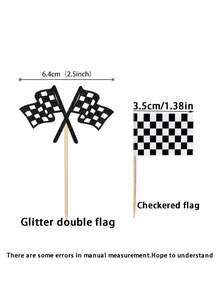 44pcs-Checkered Racing Glitter Double Flag And Checkered Cupcake Toppers; Black Glitter Racing Finish Line Checkered Flag Cupcake Toppers, Checkered Racing Flag Toothpicks, Suitable For Racing Flag Theme Baptism Party Cup Decoration, Racing Birthday Party Decoration, Sports Theme Event Checkered Flag Decoration - Multicolor - View 7