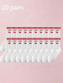 1/3/5 Pairs 3D Printed Cherry Pattern Mid-Calf Socks, Colorful Red Striped Ribbed Splicing Details, Soft And Skin-Friendly - Red - View 17