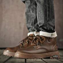 STARNOVO Men's Classic High-Top Leather Riding Boots, Lace-Up And Side Zipper Design, Vintage Style, Suitable For Street Fashion, Motorcycle Riding, Outdoor Work, And Daily Wear - Brown - View 7