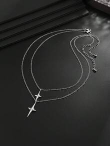 2pcs/Set Luxury Gold Double Layer Four-Pointed Star Layered Necklace, Minimalist Thin Chain Cross Star Pendant, Men's Commuter High-End Collarbone Chain - Cross Star Necklace - View 5