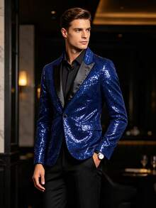 Men Contrast Panel Single Button Sequin Blazer Tuxedo - Blue - View 1