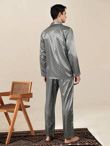 Men's Spring/Autumn Cardigan Faux Silk Pajama Set, High-End Long Sleeve Long Pants Comfortable Loungewear - Multicolor - View 6
