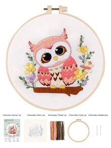 1pc 20*20cm/7.9*7.9in Owl Embroidery Kit, DIY Handmade Embroidery Tool Set, Suitable For Adult Beginners, Home Decor Gift, Women Sewing Gift, Includes Instruction Manual, Printed Pattern Fabric, Embroidery Hoop, Needle And Thread - One Size - View 9