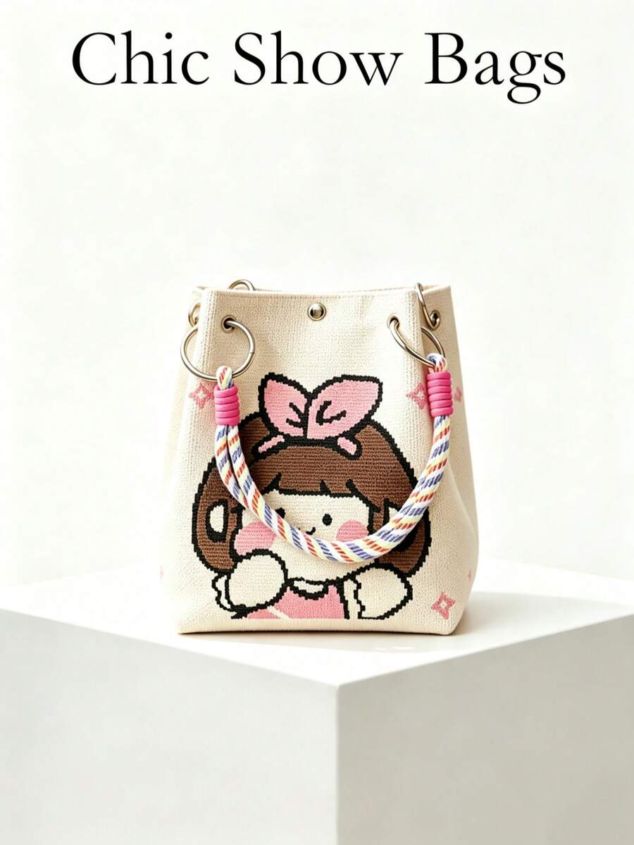 Women's Knitted Bucket Tote Bag, Cartoon Girl Pattern With Metal Ring And Colorful Rope Handle, Snap Closure, Portable Sweet Casual, Suitable For Girls' Spring Daily Commute - Beige - View 1
