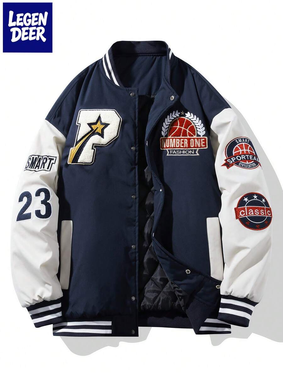 LEGEN DEER Men's Thick Embroidered Letter Baseball Jacket, Casual Loose Fit, Autumn/Winter - Navy Blue - View 1