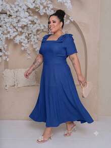 Women's Midi Plus Size Lined Dress With Square Neckline, Short Sleeves, Shoulder Bow, Padded Cups, And Elastic Back In Duna Linen - Elegant Party Dress - 寶藍色 - 查看 2