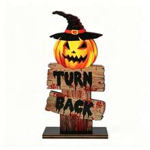 1pc Halloween Witch Pumpkin Wooden Tabletop Sign, Spooky "TURN BACK" Blood Pattern Freestanding Decor, Vintage Wooden Sign Ornament For Home Shelf Fireplace Halloween Party Indoor Decorations - Multicolor - View 9