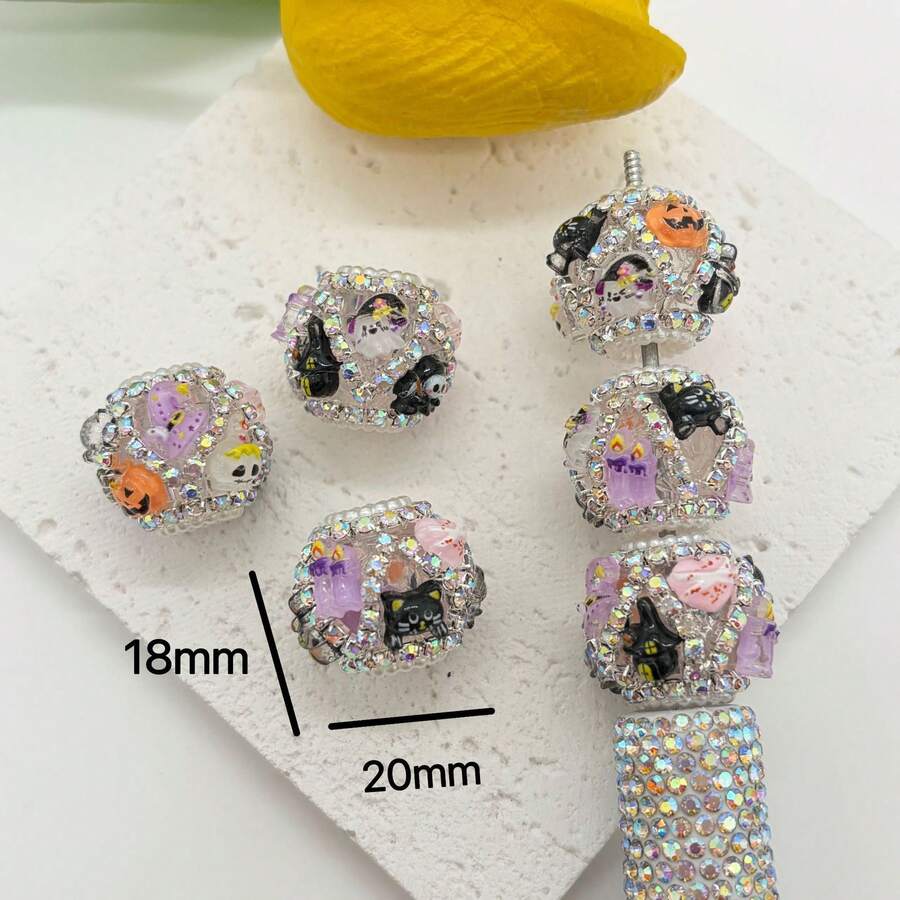 5 PCS Halloween Rhinestone Chain Ghost Pumpkin Black Cat Loose Beads DIY Beaded Pen Phone Chain Keychain Jewelry Accessories