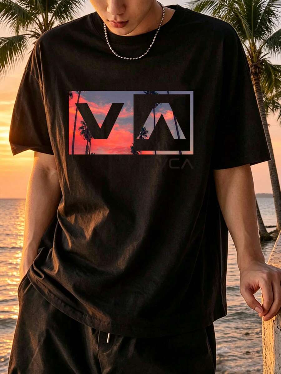 Men's Short Sleeve Crew Neck T-Shirt, Simple & Fashionable, Suitable For Summer Beach Vacation, Sunset Casual - Black - View 1