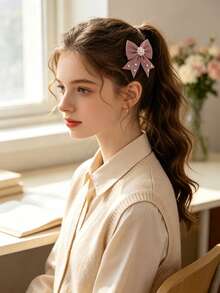 10pcs Minimalist Multi-Color Fishtail Bow Hair Clips, Pearl & Rhinestone Decorated Hair Clips, Teacher's Day Gift, Girls Daily School Wear Hair Accessories - Multicolor - View 3