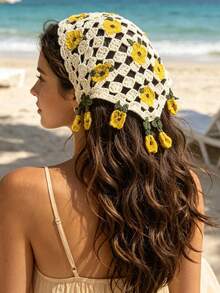1pc Sweet Beach Vacation Starfish Shell Tassel Pink Flower Knitted Triangle Scarf - Pink - View 13