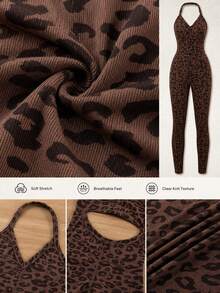 Women's Leopard Print V-Neck Halter Neck Sports Jumpsuit, High Elastic Ribbed Slim Fit Yoga Outfit, Slimming One-Piece Workout Suit Summer - Coffee Brown - View 3