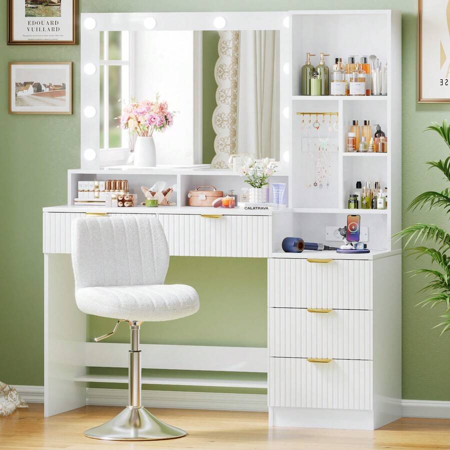 Devoko Modern Vanity Table With Mirror, LED Lighting With 3 Color Modes, 5 Drawers, Open Shelves, Jewelry Hooks And Integrated Power Outlet, Dressing Table For Bedroom, White - View 1