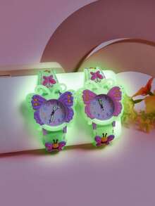 2pcs/Set Gift Set Girls Butterfly Soft Silicone Strap Analog Quartz Wristwatch With Creative Pattern For Students - Multicolor - View 3