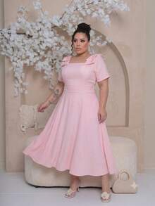Women's Midi Plus Size Lined Dress With Square Neckline, Short Sleeves, Shoulder Bow, Padded Cups, And Elastic Back In Duna Linen - Elegant Party Dress - 淺粉色 - 查看 4