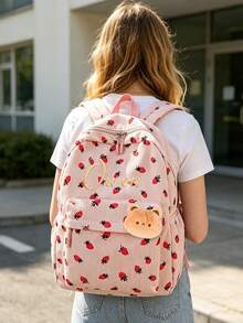 Customized Backpack With Embroidery, Personalized Text, Strawberry Print, Fashion, Casual, Versatile Backpack, Comes With Various Small Accessories, Ideal Gift For Girlfriend, Friend - Multicolor - View 4
