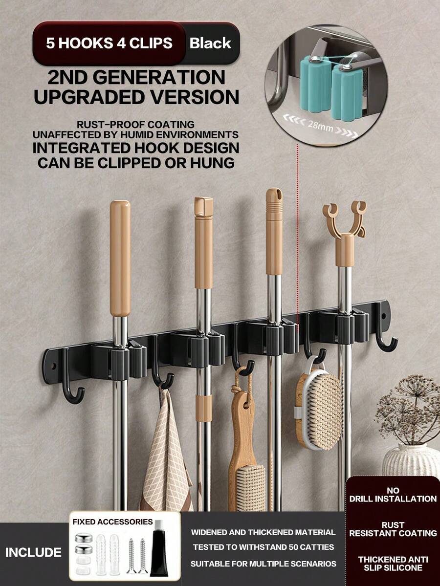 1PC-Stainless Steel Wall-Mounted Broom Hook Storage Rack, Gardening Tools Mop Hook Storage Rack, Multi-Functional Storage Rack, Easy To Install, Space-Saving, Suitable For Home, Kitchen, Garden, Laundry Room, Garage, School Dormitory - Style a - View 1