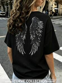 2026 Women's Plus Size Knit Round Neck Off-Shoulder Short Sleeve Loose Fit Casual Home Fashion Comfortable Beach Vacation Party College Style Versatile Black Wing Pattern T-Shirt Spring Summer Autumn - Black - View 2